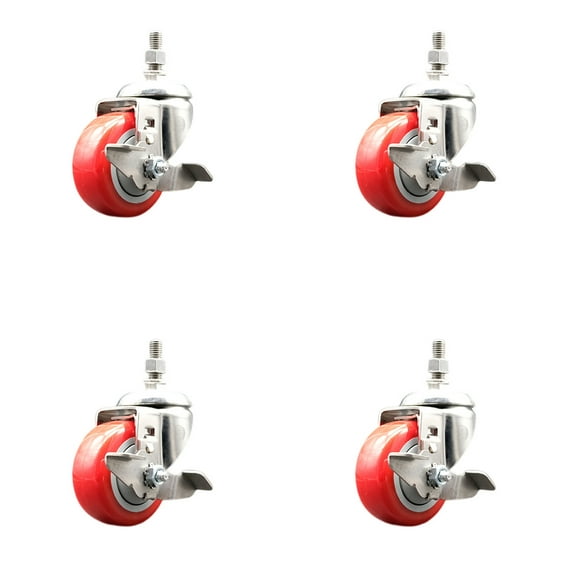3 Inch 316SS Red Polyurethane Swivel 10mm Threaded Stem Caster Set Brake
