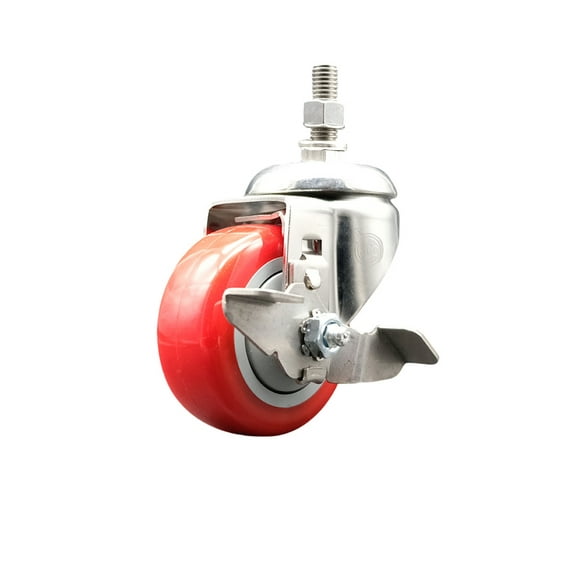 3 Inch 316SS Red Polyurethane Swivel 10mm Threaded Stem Caster with Brake