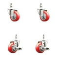 thumbnail image 1 of 3 Inch 316SS Red Polyurethane Swivel 3/8 Inch Threaded Stem Caster Set 2 Brake, 1 of 2