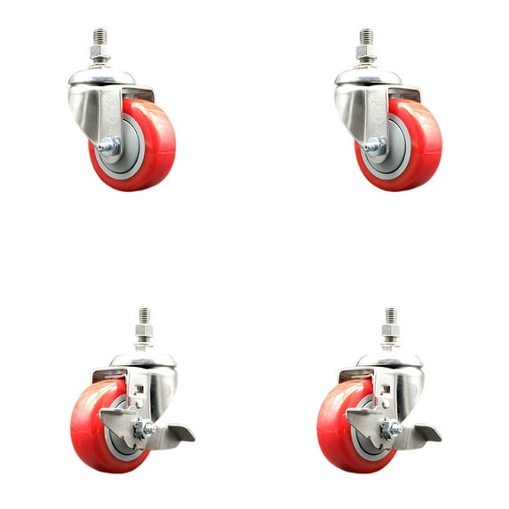 3 Inch 316SS Red Polyurethane Swivel 3/8 Inch Threaded Stem Caster Set 2 Brake
