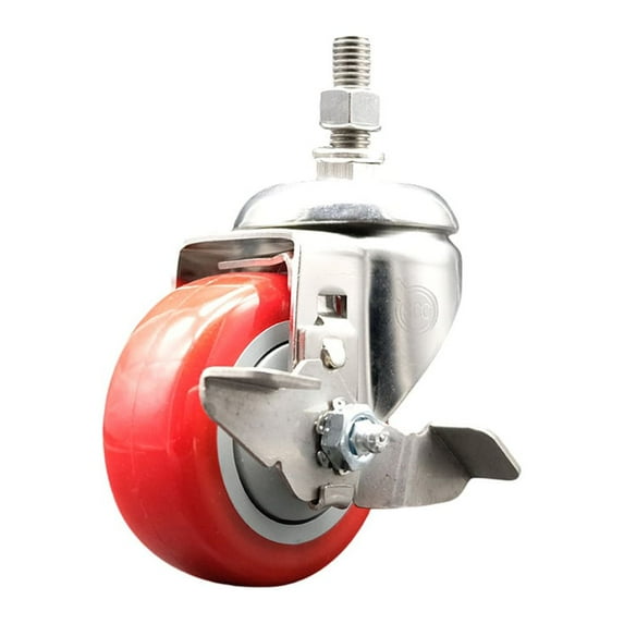 3 Inch 316SS Red Polyurethane Swivel 3/8 Inch Threaded Stem Caster with Brake