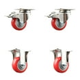 thumbnail image 1 of 3 Inch 316SS Red Polyurethane Swivel Top Plate Caster Set 2 Lock Brake 2 Rigid, 1 of 2