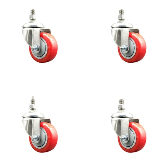 3 Inch 316SS Red Polyurethane Wheel Swivel ½ Inch Threaded Stem Caster Set SCC