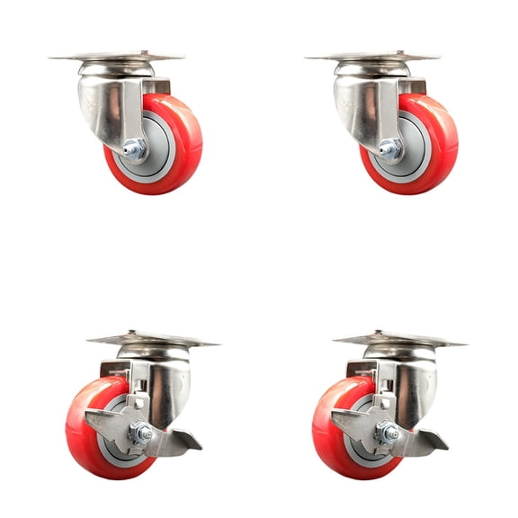3 Inch 316SS Red Polyurethane Wheel Swivel Top Plate Caster Set 2 Brakes SCC