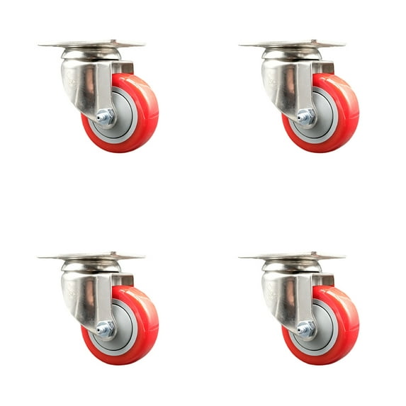 3 Inch 316SS Red Polyurethane Wheel Swivel Top Plate Caster Set Service Caster