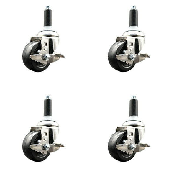 3 Inch 316SS Soft Rubber Swivel 1 Inch Expanding Stem Caster Set Brake SCC