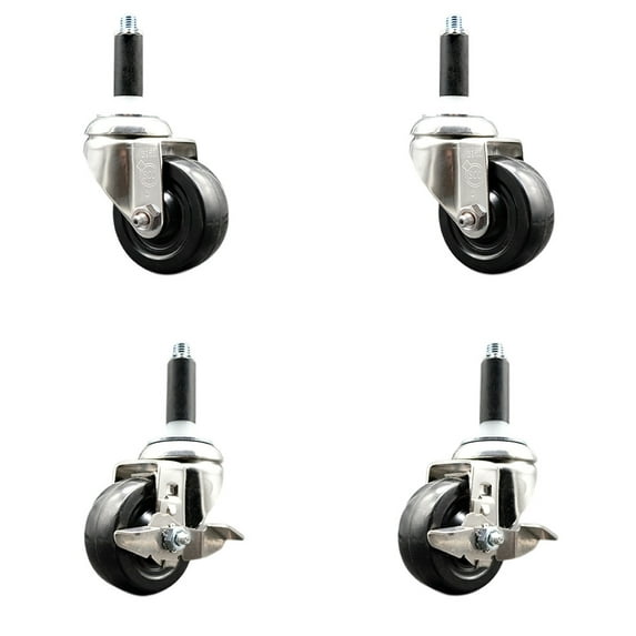 3 Inch 316SS Soft Rubber Swivel 3/4 Inch Expanding Stem Caster Set 2 Brake SCC