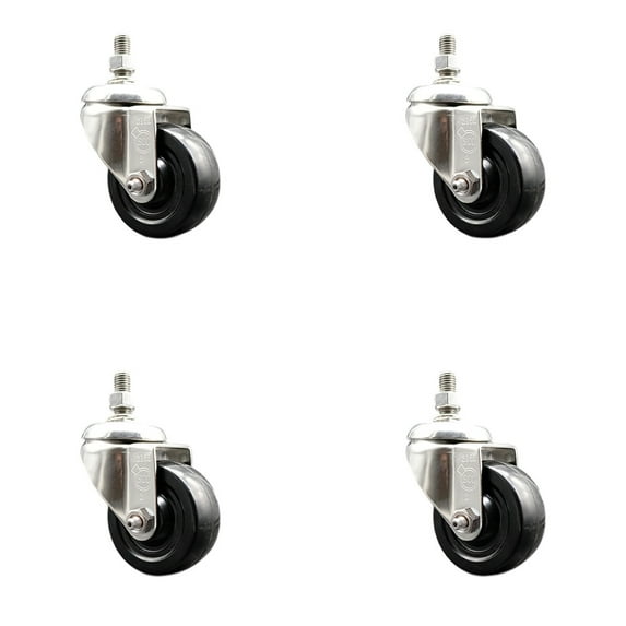 3 Inch 316SS Soft Rubber Wheel Swivel 12mm Threaded Stem Caster Set SCC