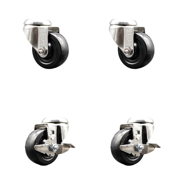 3 Inch 316SS Soft Rubber Wheel Swivel Bolt Hole Caster Set 2 Brakes SCC