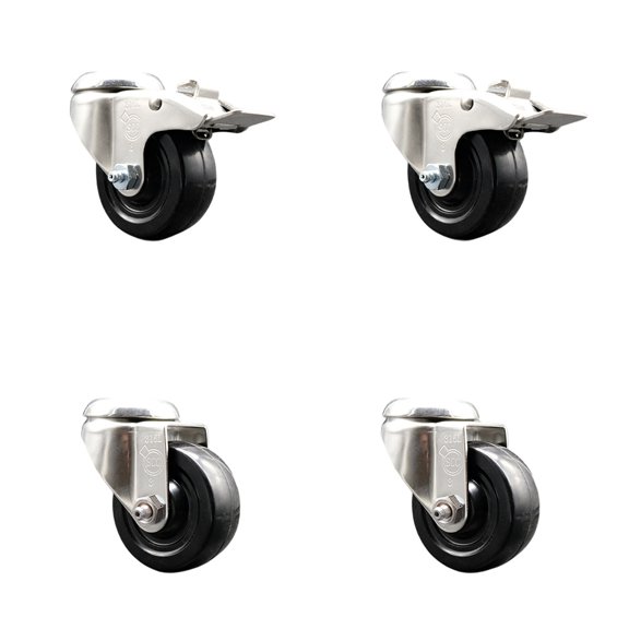 3 Inch 316SS Soft Rubber Wheel Swivel Bolt Hole Caster Set with 2 Lock Brake