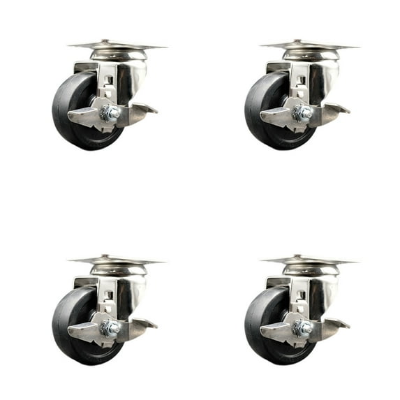 3 Inch 316SS Soft Rubber Wheel Swivel Top Plate Caster Set with Brake SCC