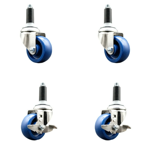 3 Inch 316SS Solid Poly Swivel 1 Inch Expanding Stem Caster Set 2 Brake SCC