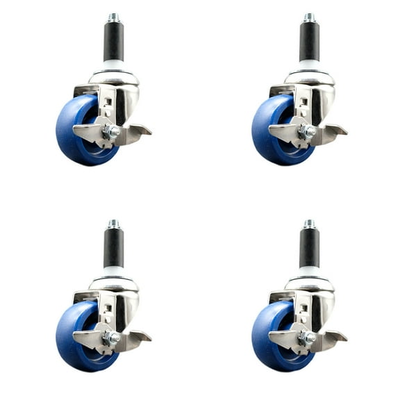 3 Inch 316SS Solid Poly Swivel 1 Inch Expanding Stem Caster Set Brake SCC