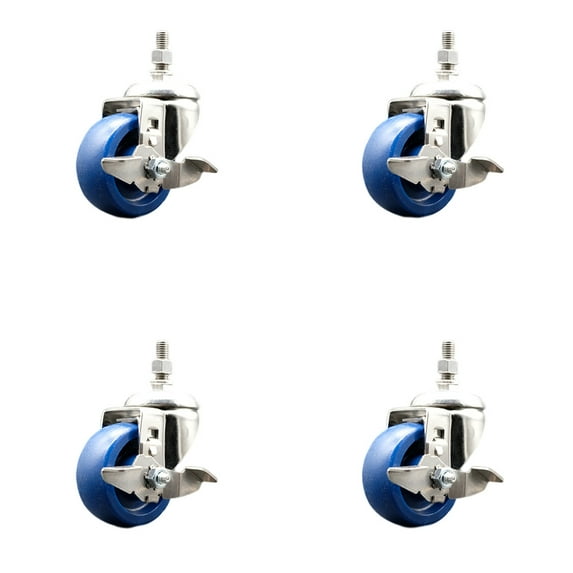 3 Inch 316SS Solid Polyurethane Swivel 12mm Threaded Stem Caster Set Brake