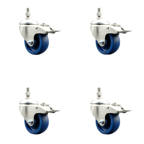 3 Inch 316SS Solid Polyurethane Wheel Swivel ½ Inch Stem Caster Set Lock Brake