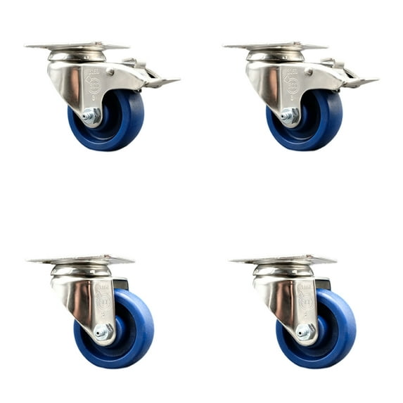 3 Inch 316SS Solid Polyurethane Wheel Swivel Top Plate Caster Set 2 Lock Brakes