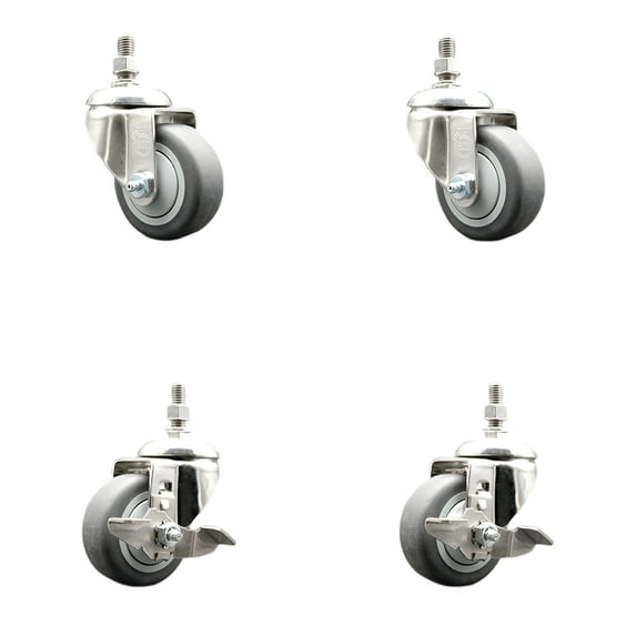 3 Inch 316SS Thermoplastic Rubber 3/8 Inch Threaded Stem Caster Set 2 Brake SCC