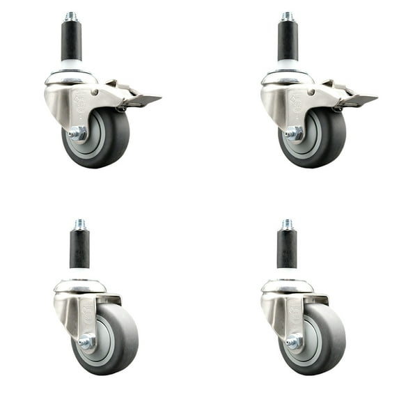 3 Inch 316SS Thermoplastic Rubber Swivel 1-1/8 Inch Stem Caster Set 2 Lock Brake
