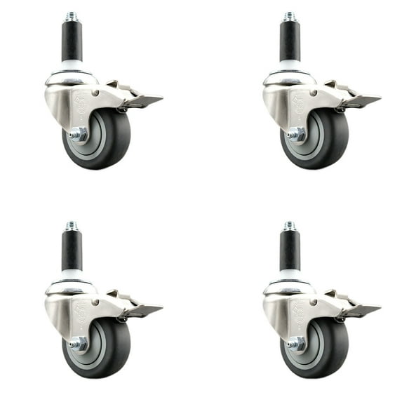 3 Inch 316SS Thermoplastic Rubber Swivel 1-1/8 Inch Stem Caster Set Lock Brake