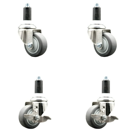 3 Inch 316SS Thermoplastic Rubber Swivel 1-3/8 Inch Stem Caster Set 2 Brake SCC