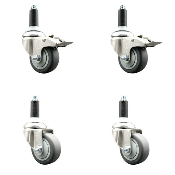3 Inch 316SS Thermoplastic Rubber Swivel 1 Inch Stem Caster Set 2 Lock Brake