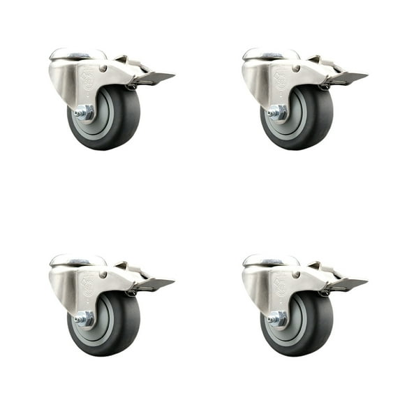 3 Inch 316SS Thermoplastic Rubber Swivel Bolt Hole Caster Set with Lock Brake