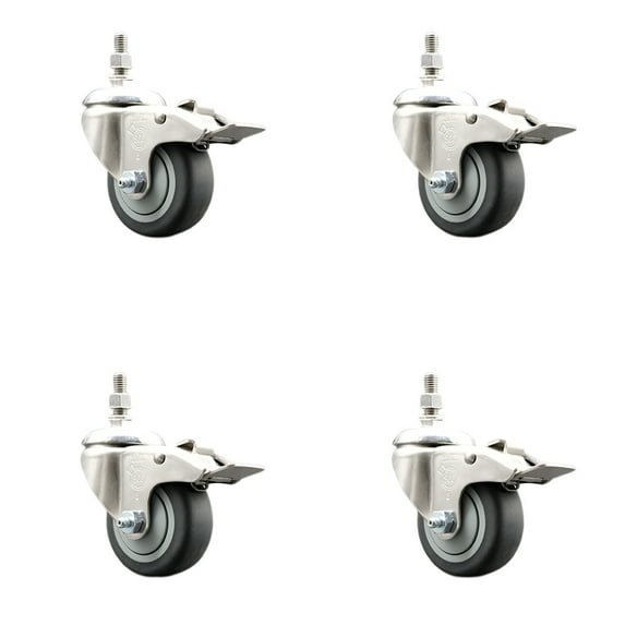 3 Inch 316SS Thermoplastic Rubber Swivel ½ Inch Stem Caster Set Lock Brake SCC