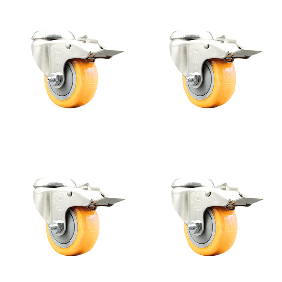3 Inch 316SS Yellow Polyurethane Swivel Bolt Hole Caster Set with Lock Brake SCC