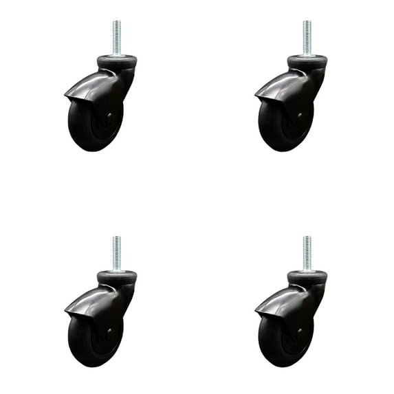 3 Inch Black Hooded Neoprene Rubber 12mm Threaded Stem Casters Set 4 SCC