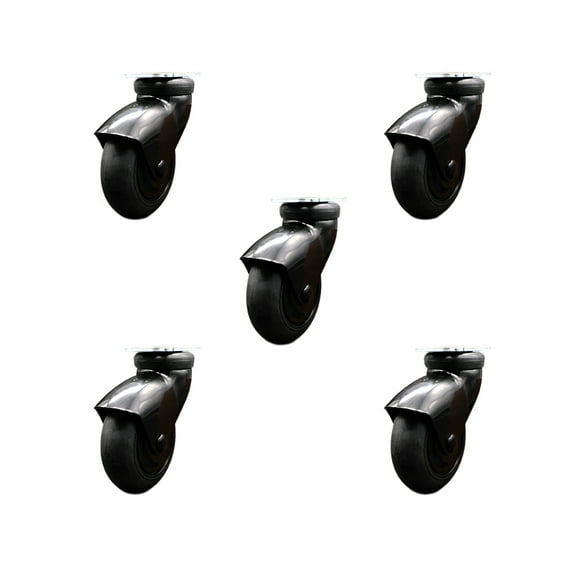 3 Inch Black Hooded Neoprene Rubber Top Plate Casters Set of 5 Service Caster