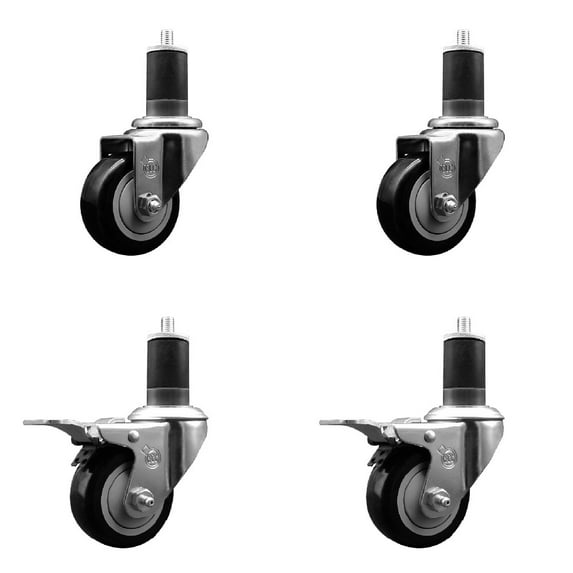 3 Inch Black Poly Swivel 1-5/8 Inch Expanding Stem Caster Set 2 Brakes