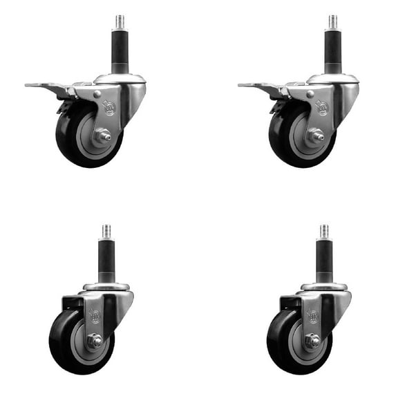 3 Inch Black Poly Swivel 1 Inch Expanding Stem Caster Set 2 Total Lock Brakes