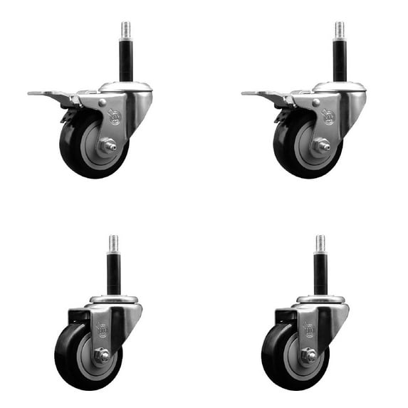 3 Inch Black Poly Swivel 3/4 Inch Expanding Stem Caster Set 2 Total Lock Brakes