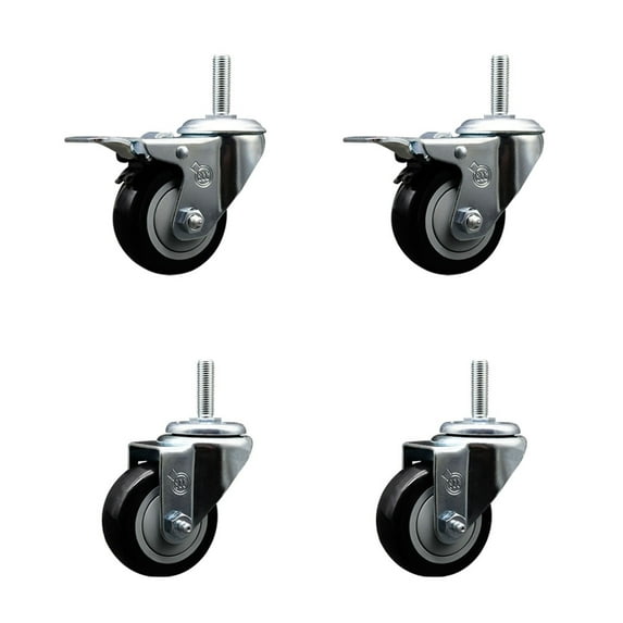 3 Inch Black Poly Swivel 5/8 Inch Threaded Stem Caster Set 2 Total Lock Brakes