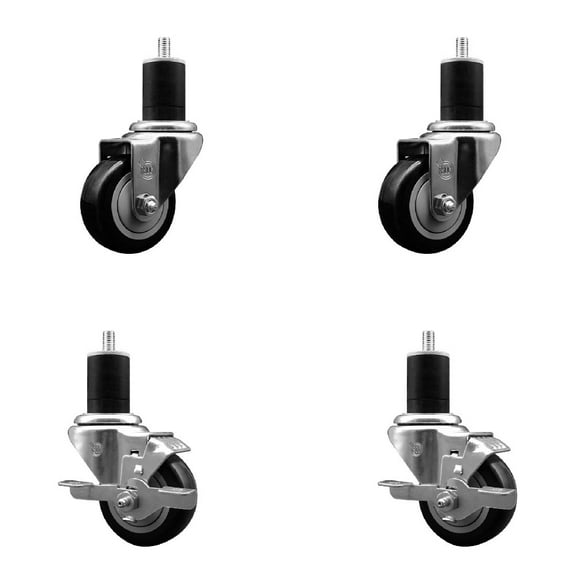 3 Inch Black Poly Wheel Swivel 1-3/4 Inch Expanding Stem Caster Set 2 Brakes SCC