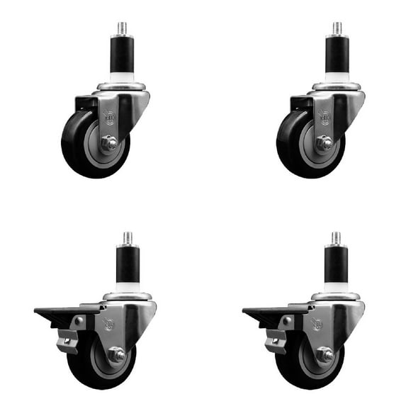 3 Inch Black Poly Wheel Swivel 1-3/8 Inch Expanding Stem Caster Set 2 Brakes SCC