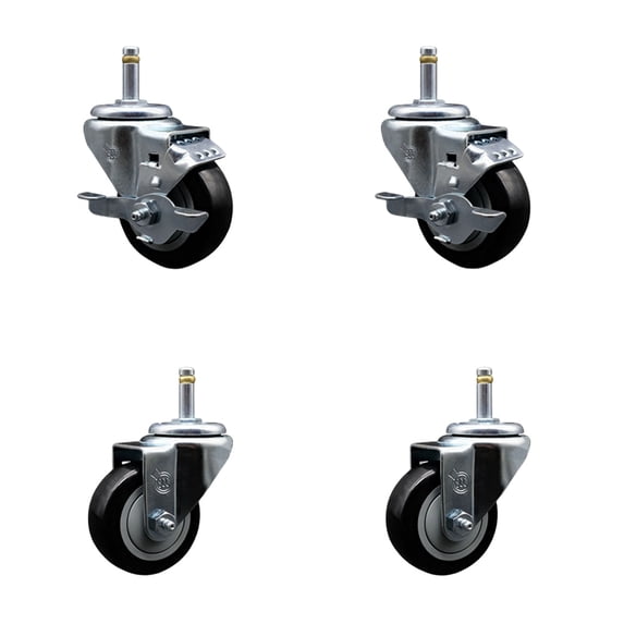 3 Inch Black Poly Wheel Swivel 7/16 Inch Grip Ring Stem Caster Set 2 Brakes