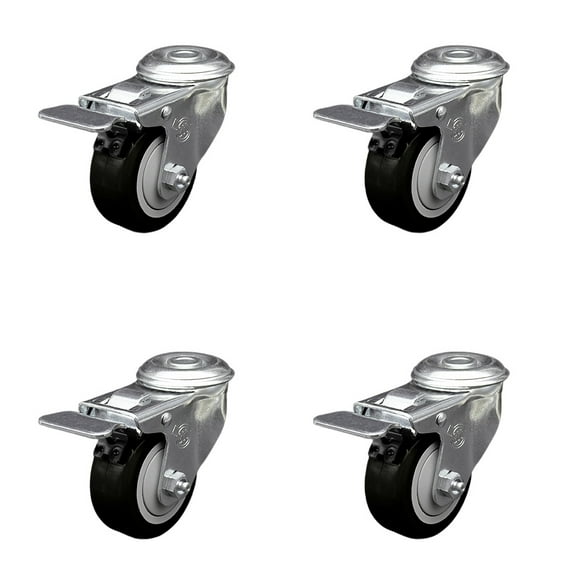 3 Inch Black Polyurethane Swivel Bolt Hole Caster Set with Total Lock Brake SCC
