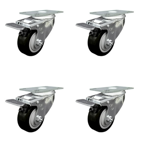 3 Inch Black Polyurethane Swivel Top Plate Caster Set with Total Lock Brake SCC