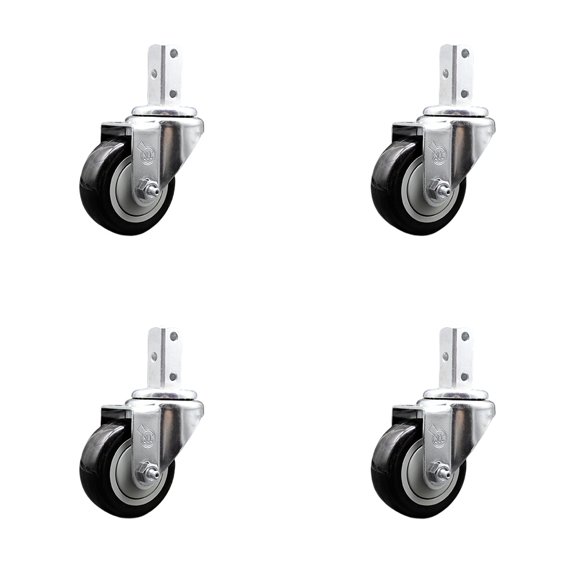 3 Inch Black Polyurethane Wheel Swivel 3/4 Inch Square Stem Caster Set SCC