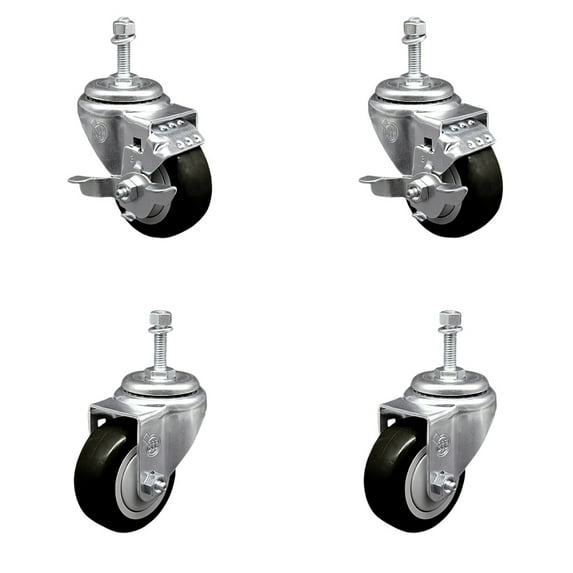 3 Inch Black Polyurethane Wheel Swivel 3/8 Inch Threaded Stem Caster Set 2 Brake