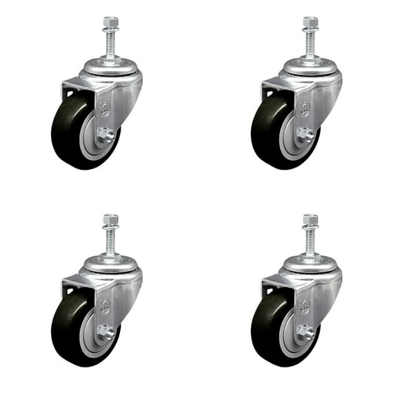 3 Inch Black Polyurethane Wheel Swivel 3/8 Inch Threaded Stem Caster Set SCC