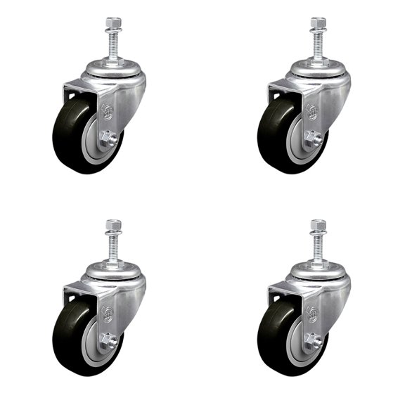 3 Inch Black Polyurethane Wheel Swivel 3/8 Inch Threaded Stem Caster Set SCC