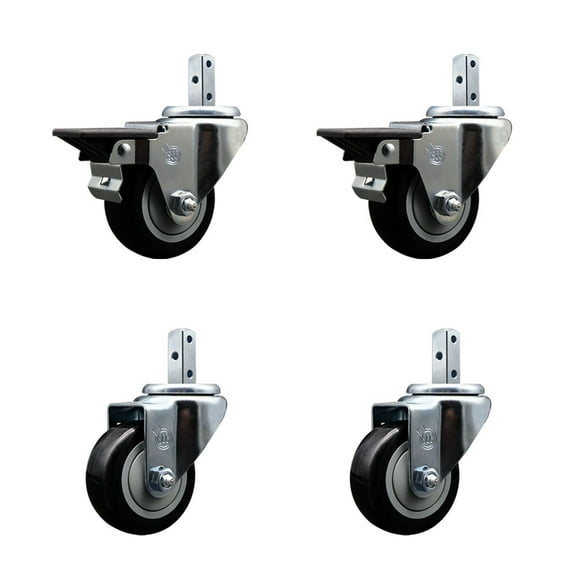 3 Inch Black Polyurethane Wheel Swivel 7/8 Inch Square Stem Caster Set 2 Brakes