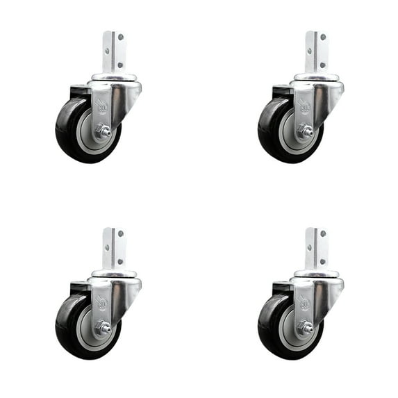3 Inch Black Polyurethane Wheel Swivel 7/8 Inch Square Stem Caster Set SCC