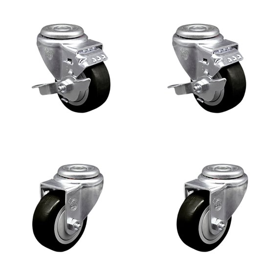 3 Inch Black Polyurethane Wheel Swivel Bolt Hole Caster Set with 2 Brake SCC