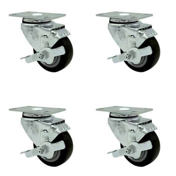 3 Inch Black Polyurethane Wheel Swivel Top Plate Caster Set with Brake SCC