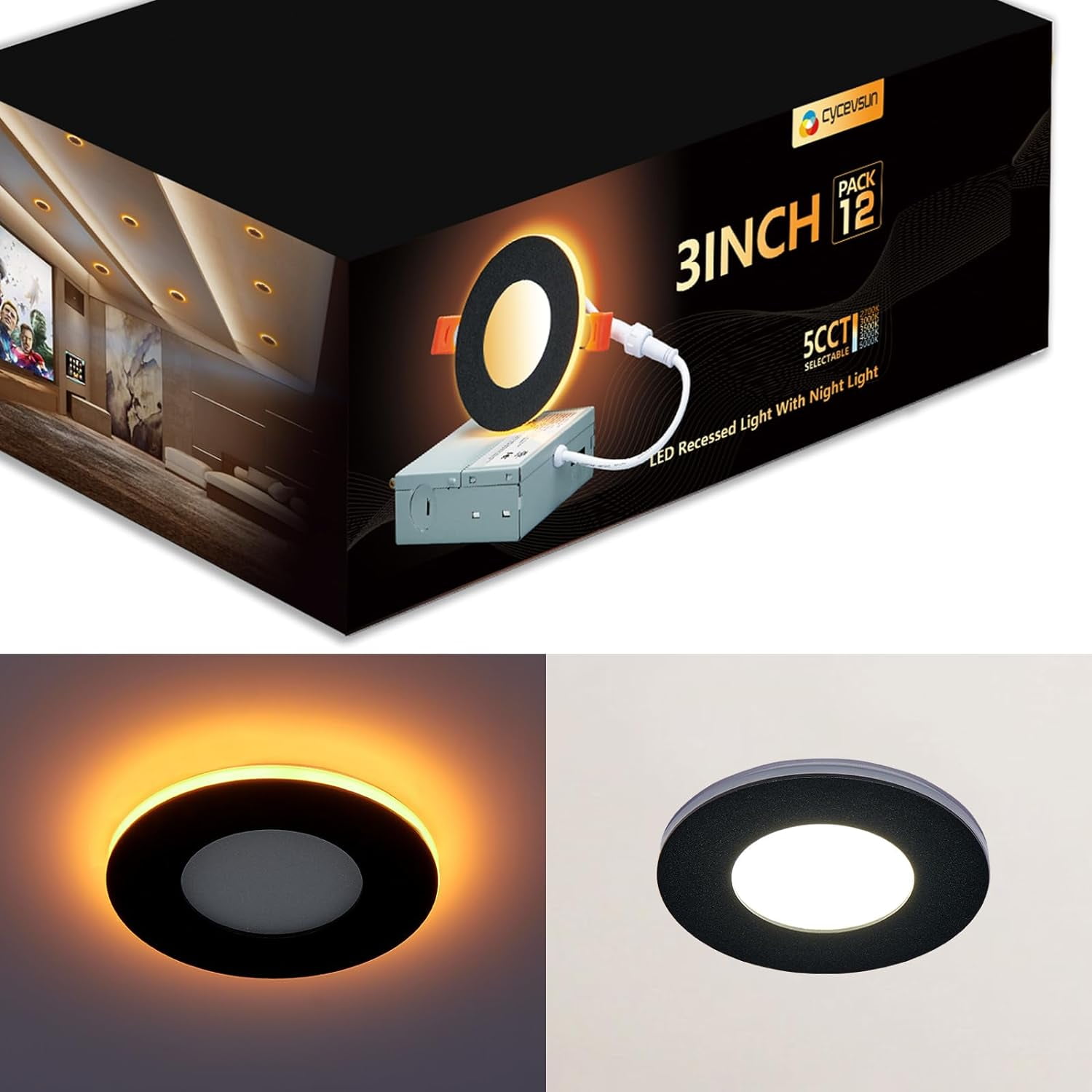 3 Inch Black Recessed Lights with Night Light, Dimmable & 5CCT