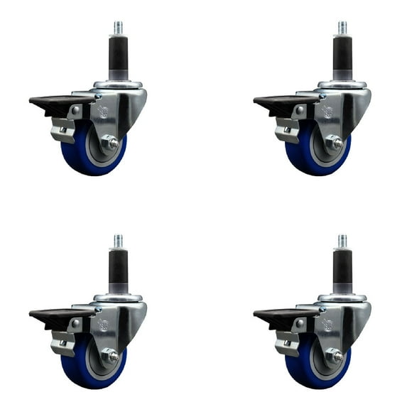 3 Inch Blue Poly Swivel 1-1/8 Inch Expanding Stem Caster Set with Brake SCC