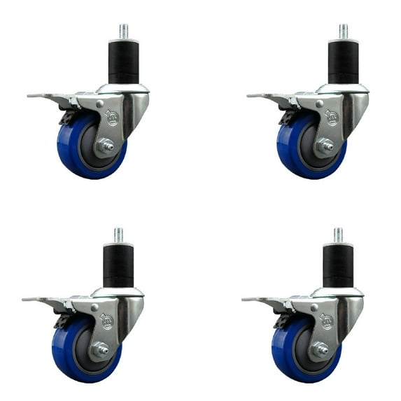3 Inch Blue Poly Swivel 1-3/4 Inch Expanding Stem Caster Set Total Lock Brake